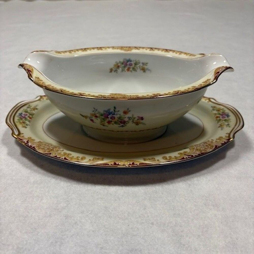 Noritake Gravy Boat Attached Underplate Gold Scroll Floral Made Occupied Japan